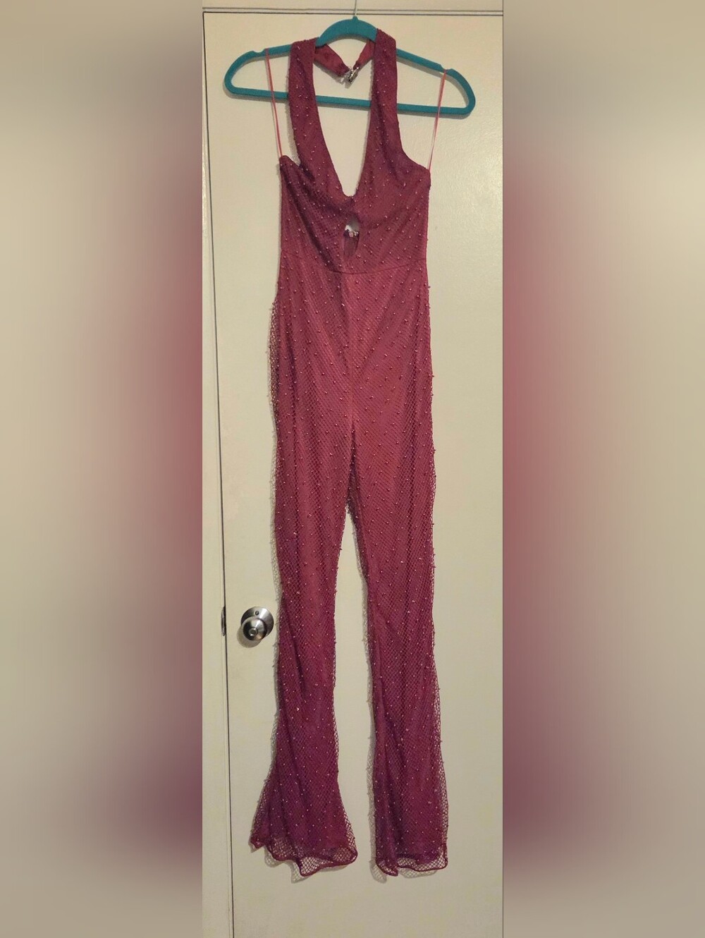 Fashion Nova Red Beaded Halter Jumpsuit